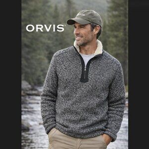 Orvis Brighton Sherpa Lined 1/4 Zip Pullover Sweater Men XL Black Fleece Outdoor